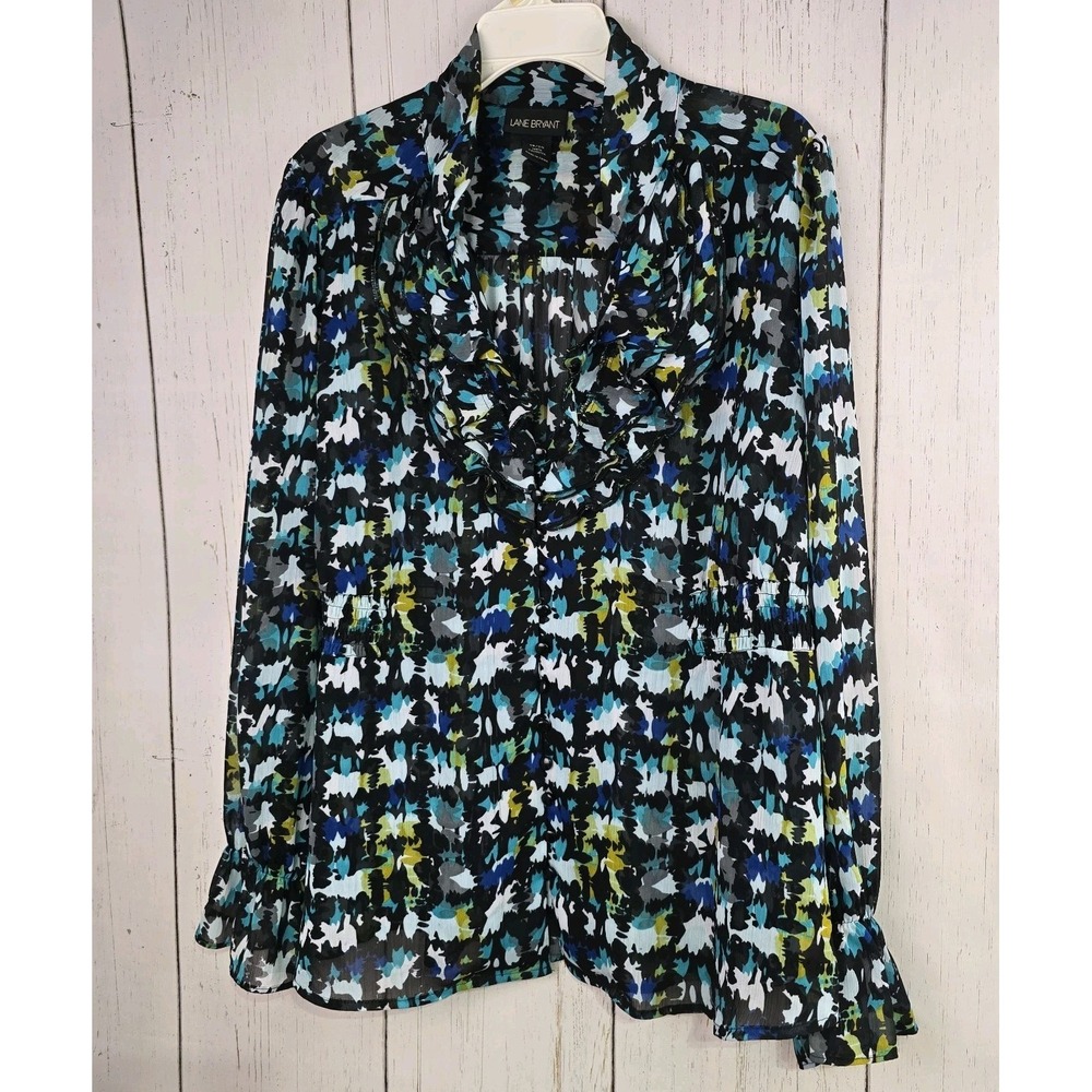 Lane Bryant Womens Sz 18/20 V-neck Ruffle Collar Abstract Button Front Blouse